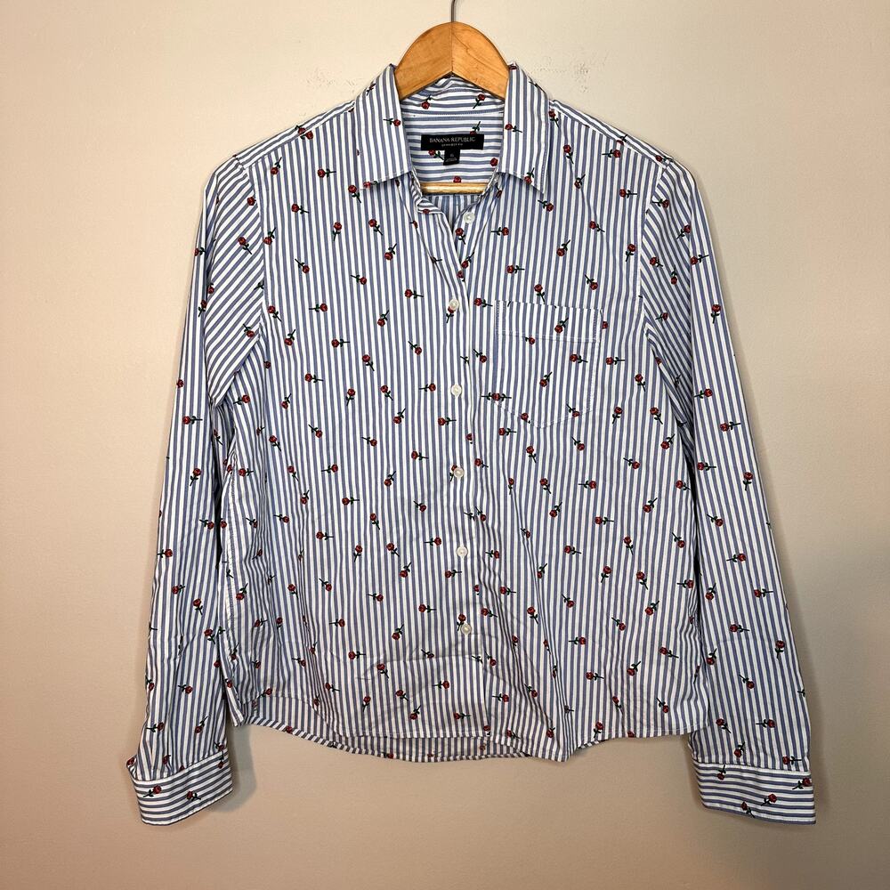 Banana Republic Quinn Boy Fit Roses Blue White Striped Shirt Women's Size‎ S